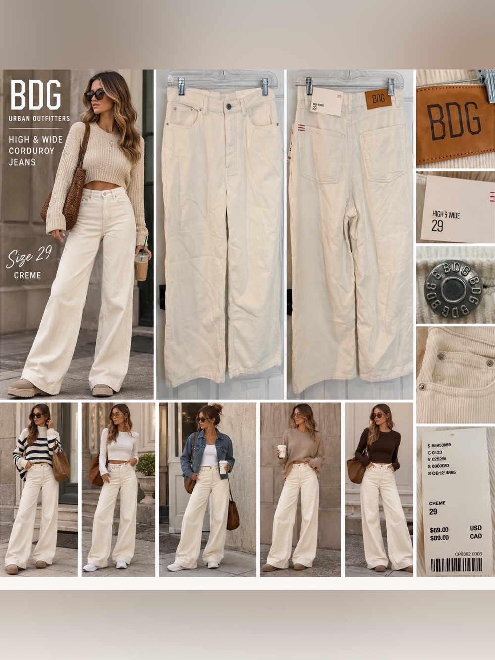 BDG Urban Outfitters High & Wide Corduroy Jeans Size 29 Cream NWT $69
